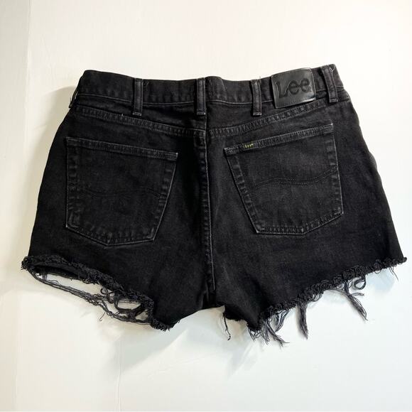 LEE Black Denim Shorts 33/34" Distressed Hem High Rise Jean Shorts‎ - Picture 1 of 9